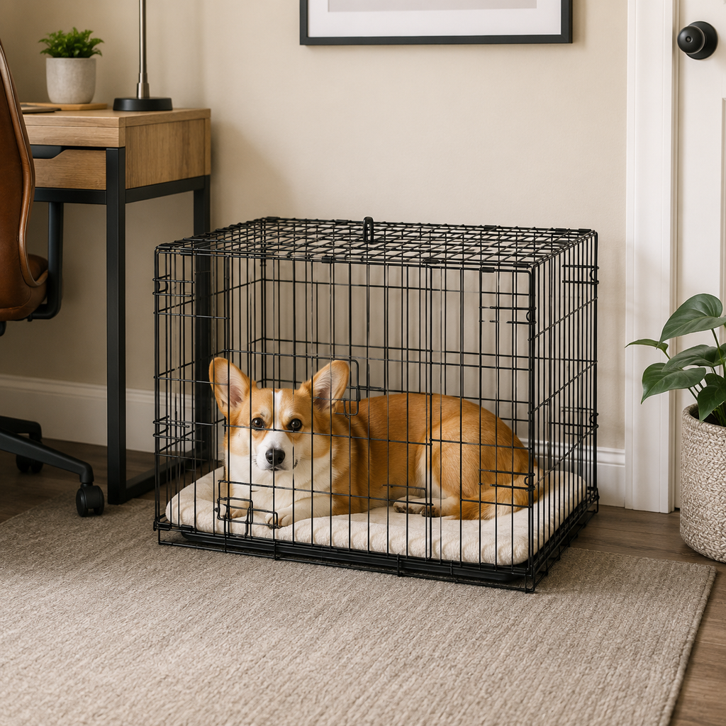 Cage pliable pour chien avec coussin – Structure métal, plateau amovible et portes sécurisées