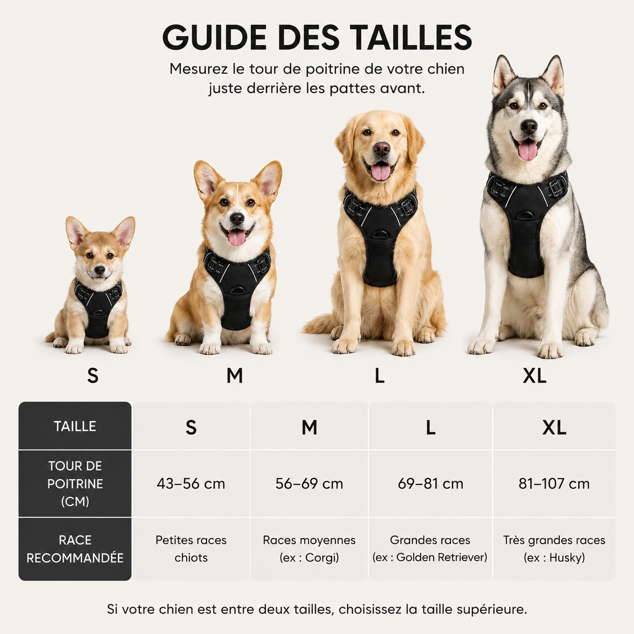Harnais ajustable pour chien – Confort optimal et meilleure répartition de la traction