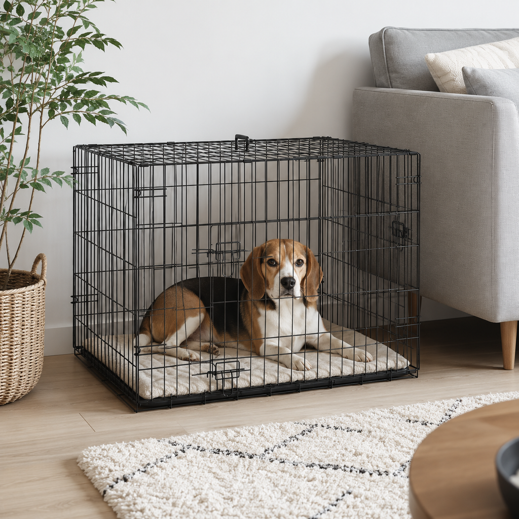 Cage pliable pour chien avec coussin – Structure métal, plateau amovible et portes sécurisées