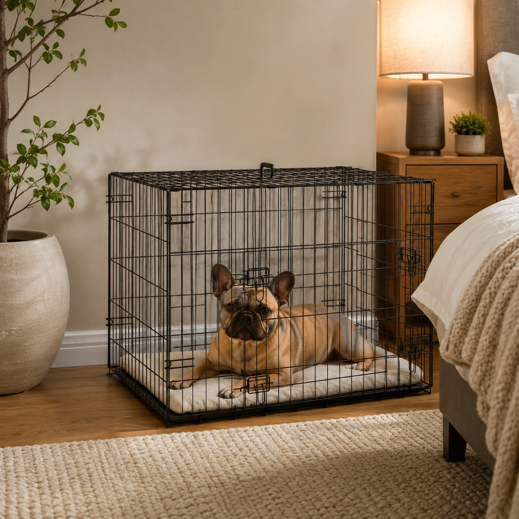 Cage pliable pour chien avec coussin – Structure métal, plateau amovible et portes sécurisées